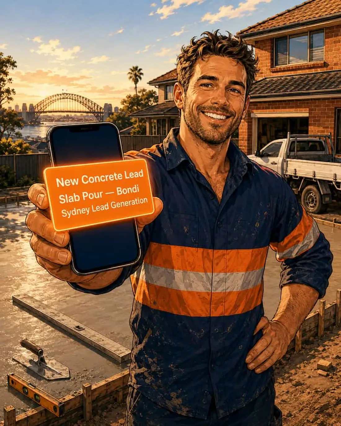Cartoon Sydney concreter holding a phone showing a new concrete lead notification with suburb and customer details attached