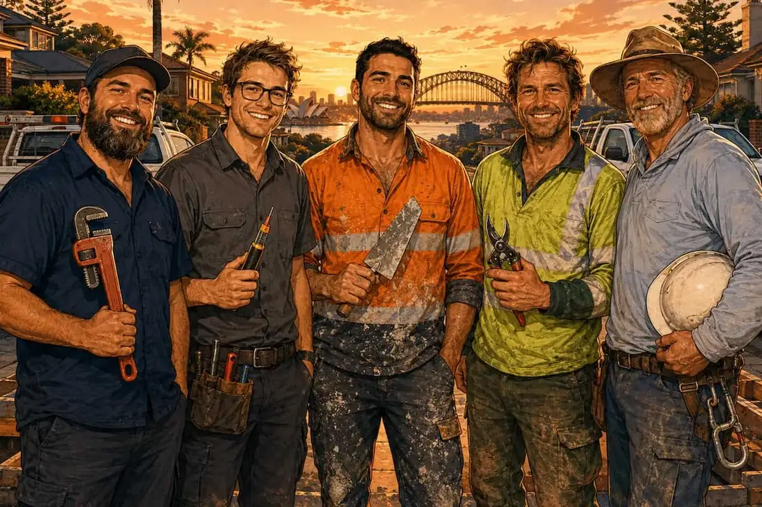 Group of five Sydney tradies standing together at sunset — a plumber with a pipe wrench, an electrician with a screwdriver, a builder in orange hi-vis holding a trowel, a landscaper with secateurs, and a foreman in a wide-brim hat carrying a hard hat — Sydney Harbour Bridge, Opera House and skyline in the background