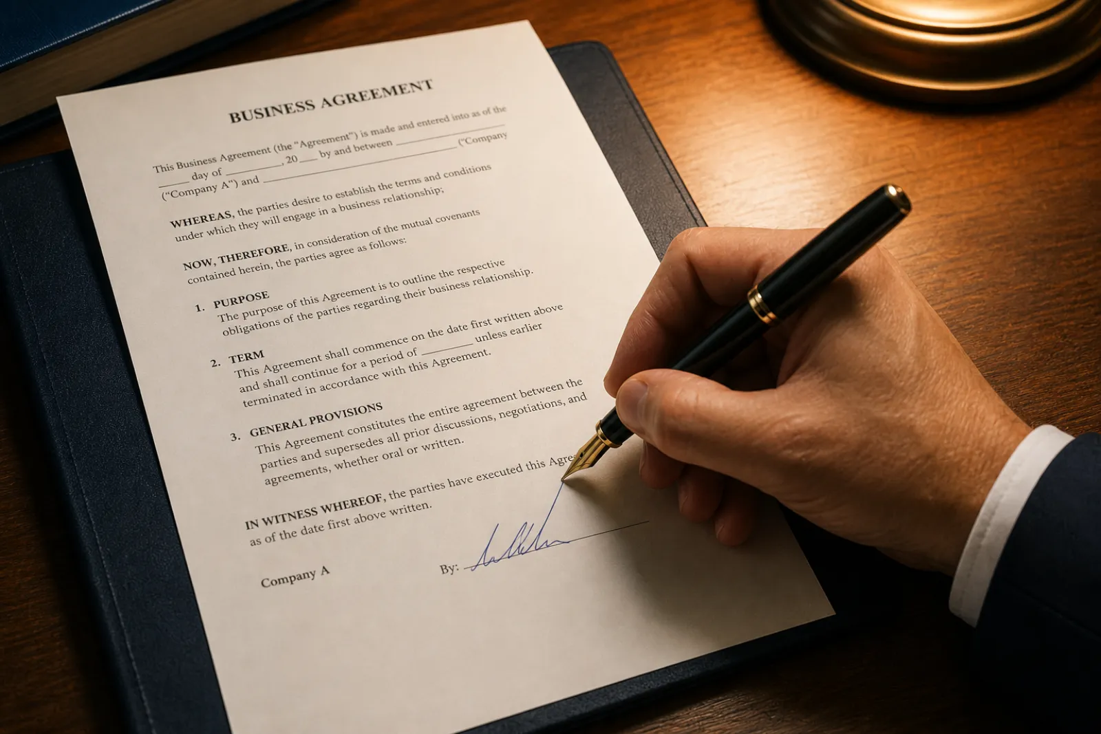 Hand mid-signature on a printed business agreement on a wooden desk