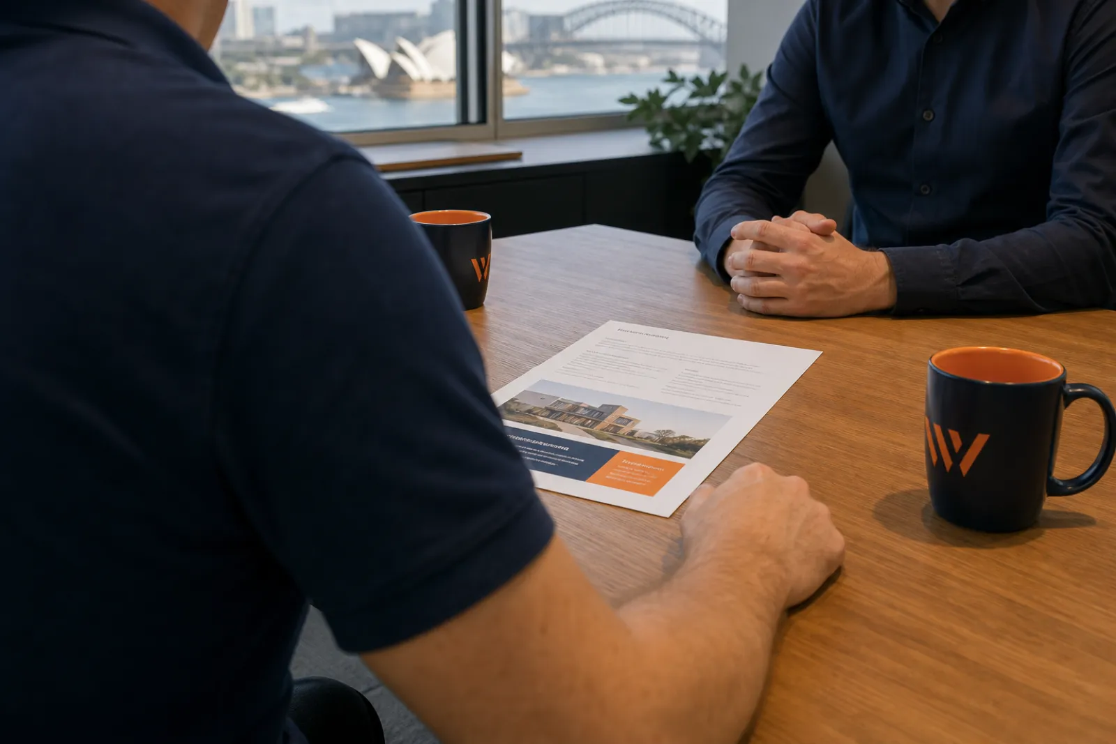 Over-the-shoulder view of two people across a wooden desk during a lead-generation agency consultation