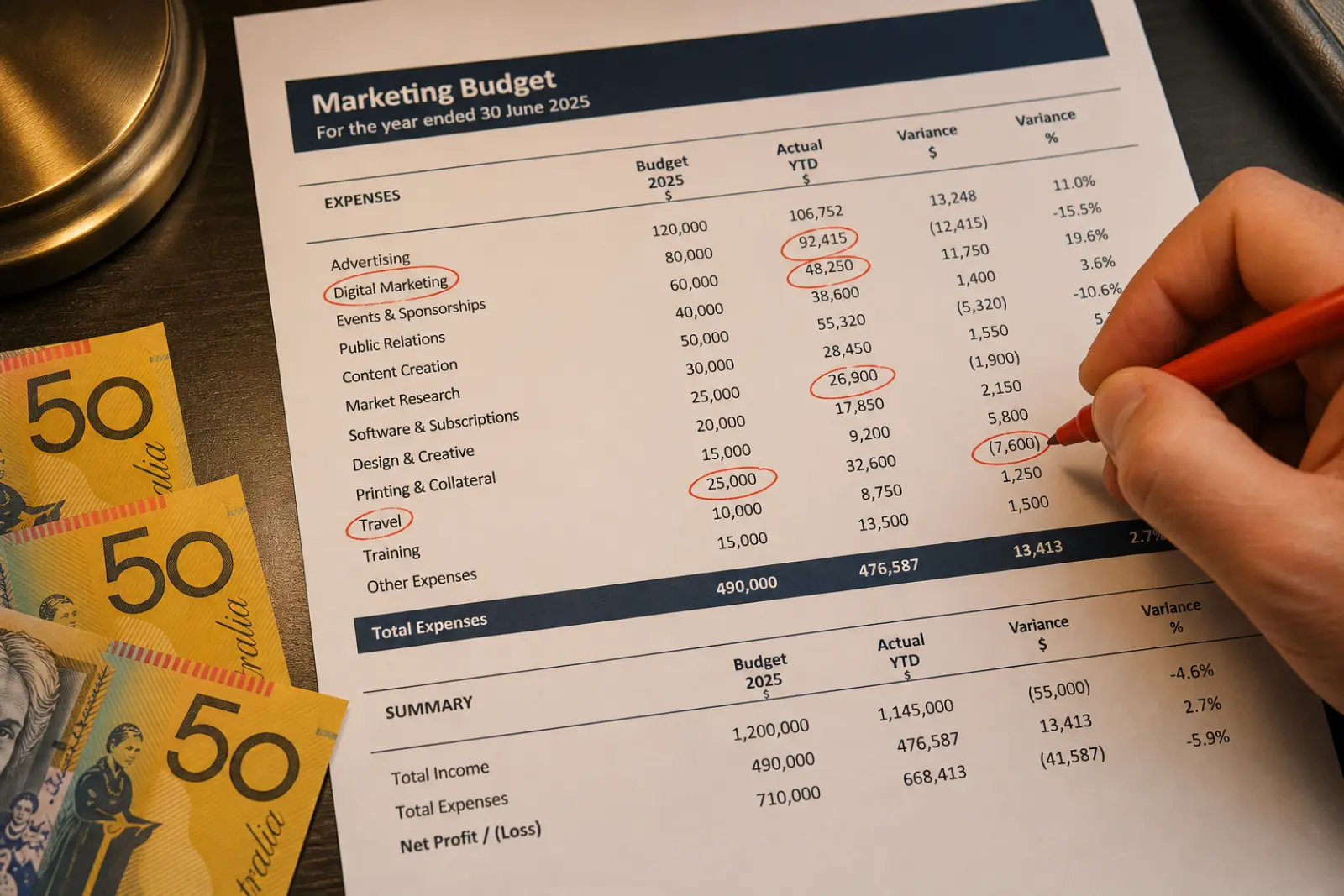 Hand annotating a printed business budget spreadsheet with a red marker