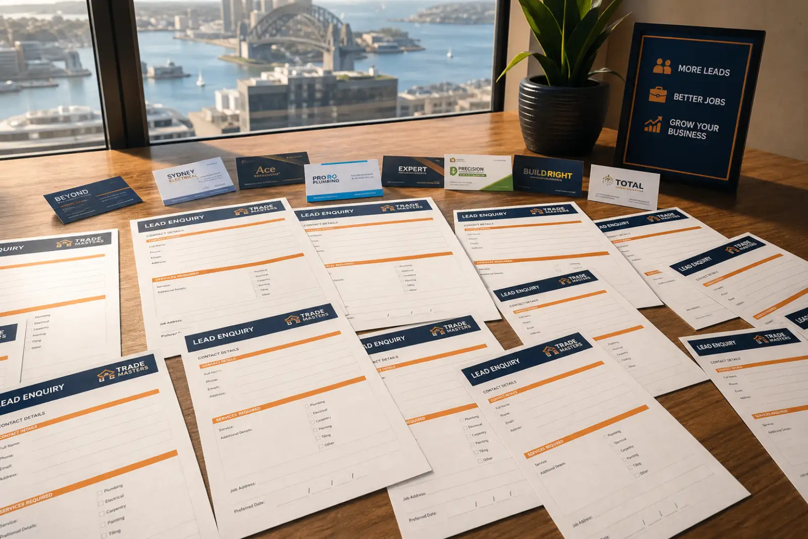 Stack of competing tradie business cards spread across a Sydney office desk