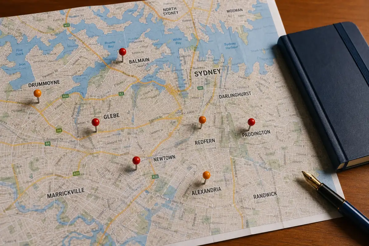 Overhead view of a folded Sydney street map on a wooden desk with red and orange pins marking specific suburbs