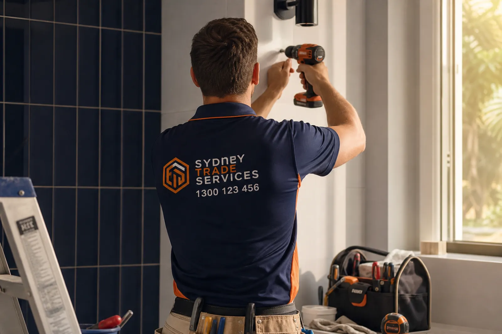 Sydney tradesperson in navy polo uniform focused on installing a fixture in a residential home