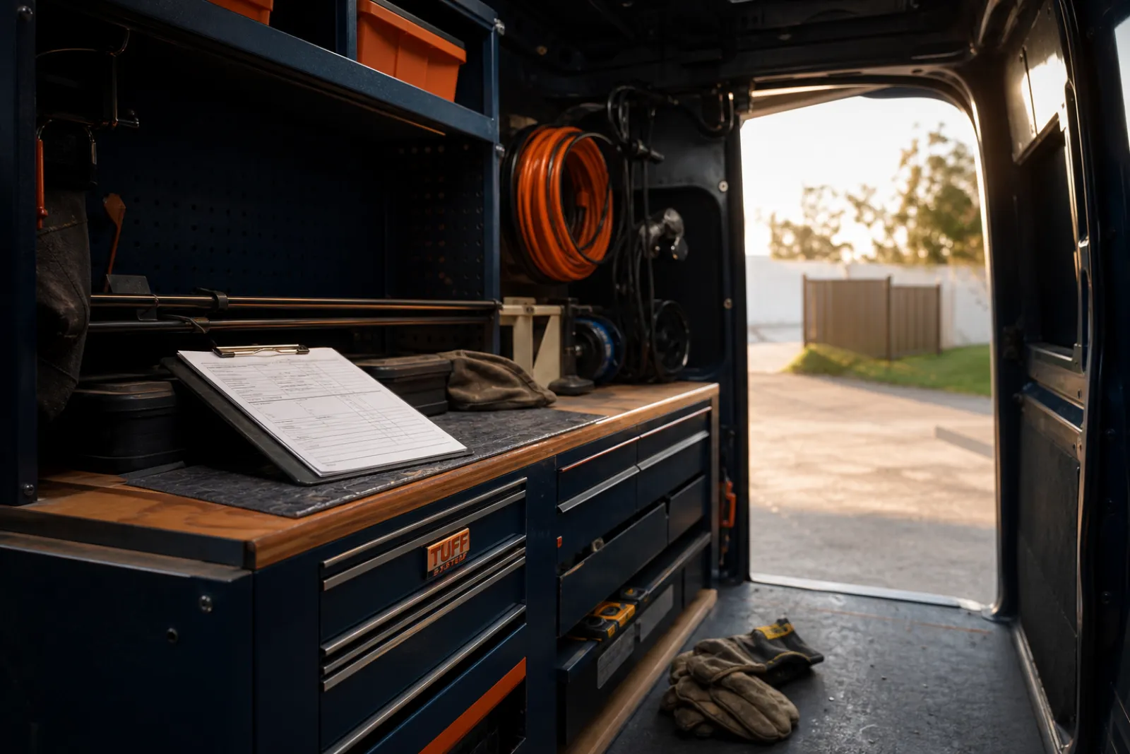 Interior of a tradie work van showing organised toolboxes, a clipboard with a job sheet, and work gloves